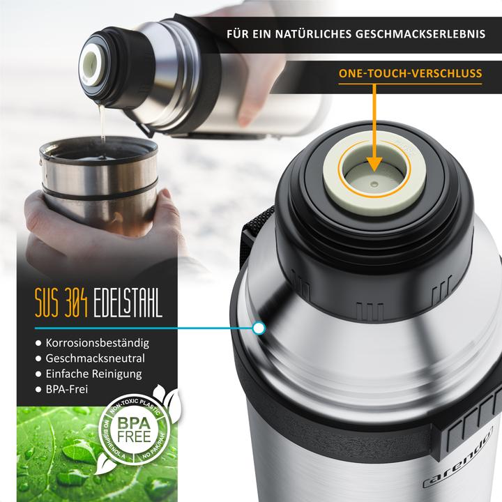Produktbild Arendo Thermosflasche Isolierflasche auslaufsicher, Edelstahl Trinkflasche für Unterwegs, BPA-frei, 1 Liter (1 l)