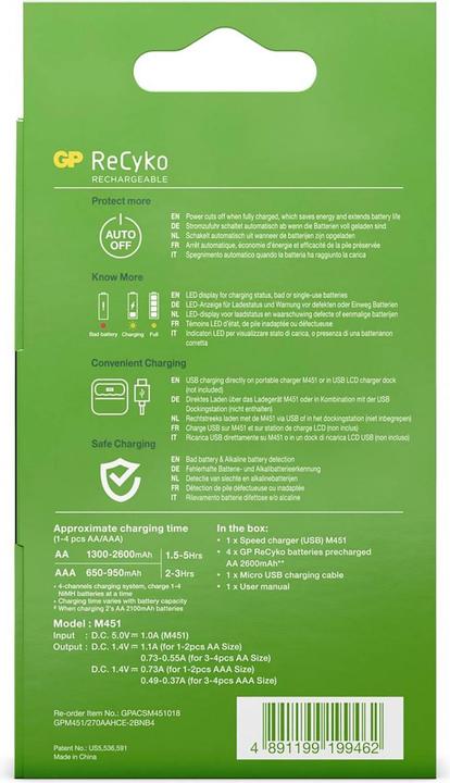Produktbild GP Batteries ReCyko M451/270 4-Port USB Ladegerät inkl.4xAA NiMh 2600mAh (5 Stk., AA, AAA, 2600 mAh, Ladegerät inkl. Akku)