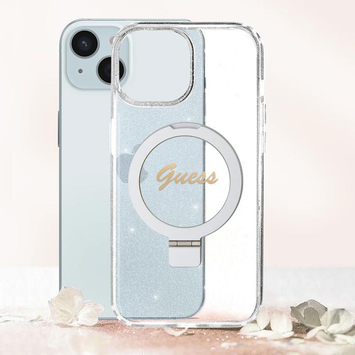 Produktbild Guess GUHMP15MHRSGSD iPhone 15 Plus 6.7" przezroczysty/transparent hardcase Ring Stand Script Glitte (Apple iPhone 14 Plus, Apple iPhone 15 Plus)