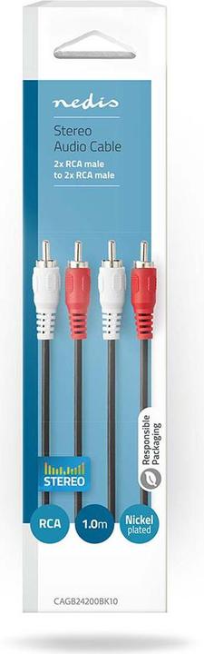 Actual product image Nedis Stereo audio cable | 2x RCA plug | 2x RCA plug | Nickel-plated | 1.00 m | round | Black | B (1 m, Cinch)