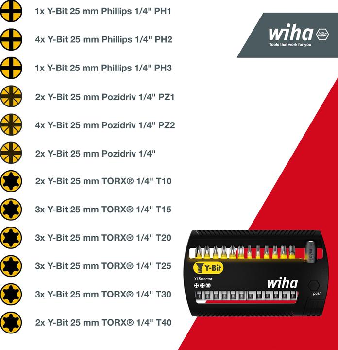 Produktbild Wiha Bit Set XLSelector Y-Bit 13tlg 50 mm PH, Pozidriv, TORX 1/4" E6,3 magnetischer Bithalter (Kreuz Phillips PH, Kreuz Pozidriv PZ)