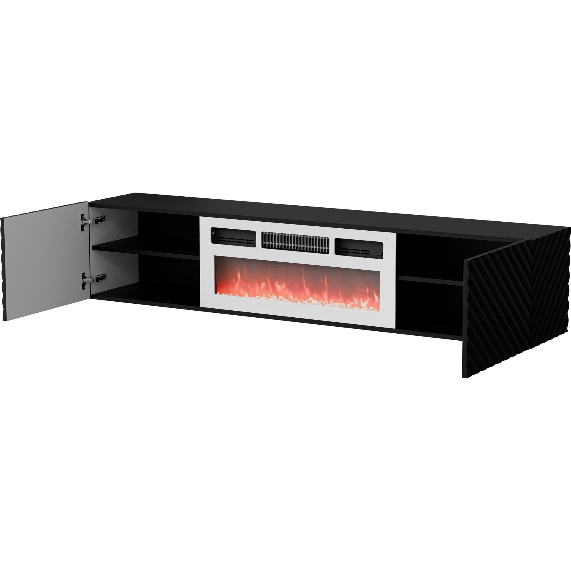 Thumbnail - Cama, TV Möbel, RTV Schrank LARA 183x35x37 schwarz matt + weisser Kamin (183 x 35 x 37 cm)