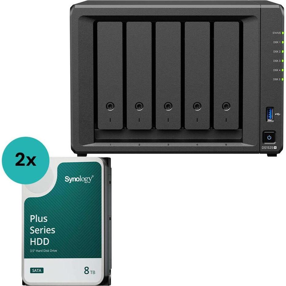 Synology DiskStation DS1525+ 5 Einschübe NAS-Server Leergehäuse (DS1525+) + 2x Plus 3.5... (2 x 8 TB