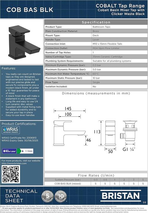 Actual product image Bristan Durable Modern Black Finish Clicker Waste Basin Tap