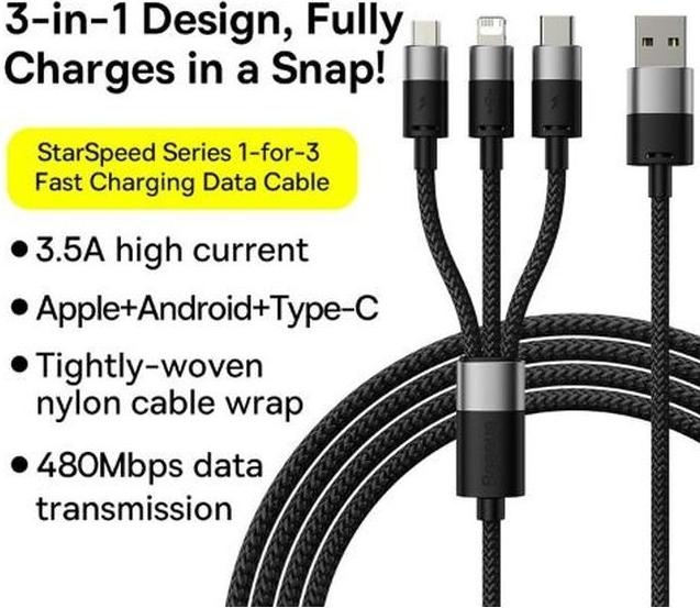 Actual product image Baseus 3 in 1 USB Ladekabel (0.60 m, USB 3.0)