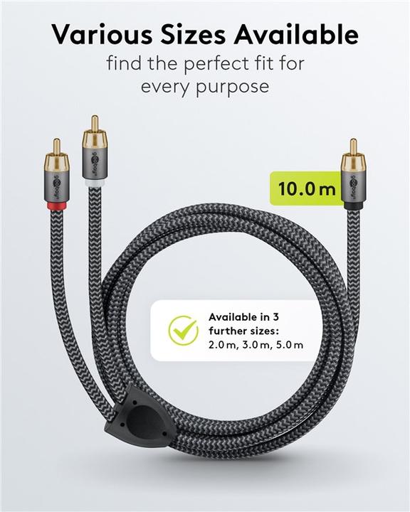 Productafbeelding Goobay Cinch Y-kabel, 10 m, Sharkskin grijs (10 m, RCA)