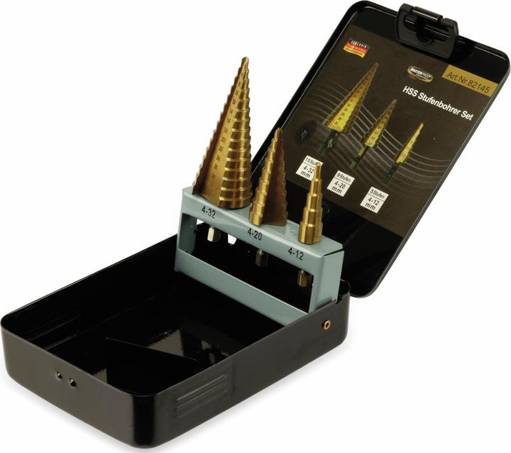 Actual product image Masterproof Step drill set 3 pieces, in metal box (10, 12, 14, 16, 18, 20 mm, 4, 6, 8)