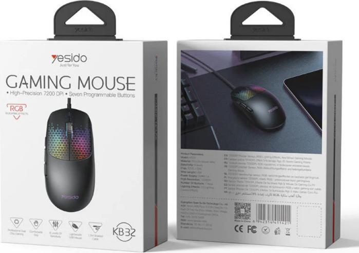 Actual product image Yesido Wired Gaming Mouse KB32, RGB, 7200DPI, Black (Cable)