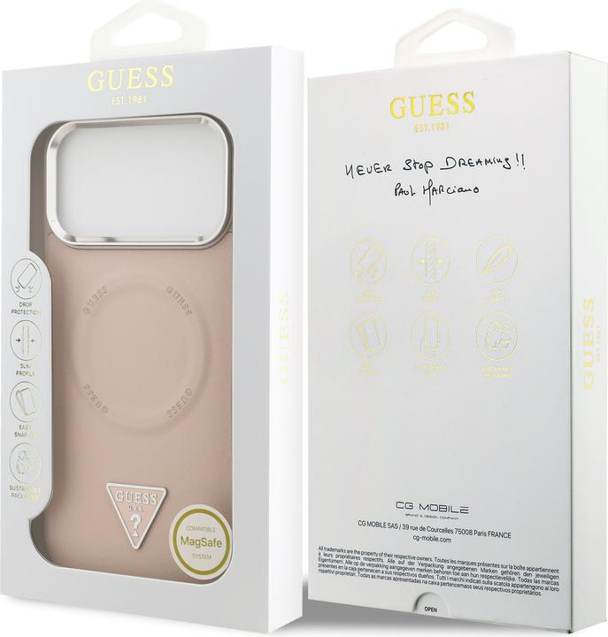 Produktbild Guess Case Magsafe PU Leather Case With Triangle Logo Silver Metal Camera Frame For iPhone 17 Pro Pi (Apple iPhone 17 Pro)