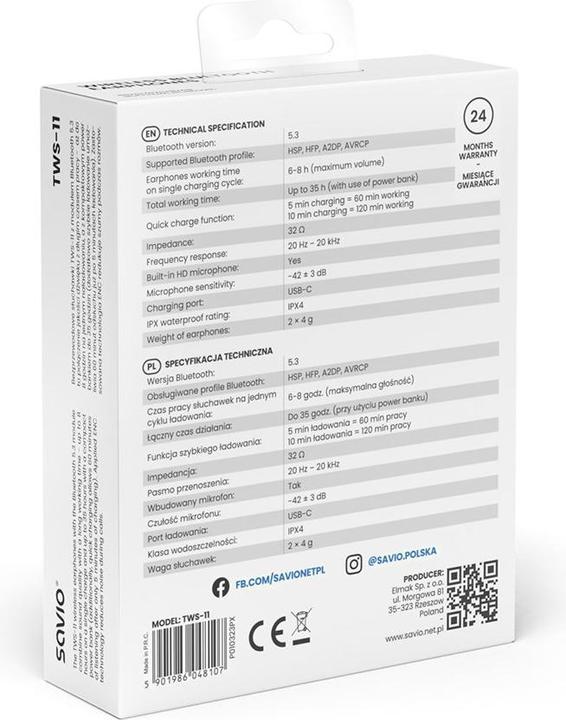 Nutritional values and ingredients Savio TWS-11 (NC, 8 h, Wireless)