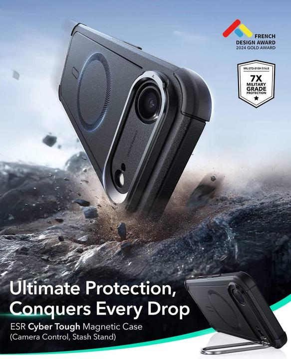 Produktbild ESR Cyber Tough Magnetic Case (Camera Control, Stash Stand), for iPhone 17 Air, Black (Apple iPhone 17, Apple iPhone Air)