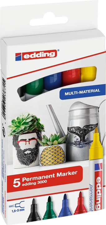 Immagine prodotto Edding Marcatore permanente 3000 5 pezzi, verde/giallo/blu/rosso (Rosso, Nero, Blu, Giallo, Verde, 3 mm, 5 x)