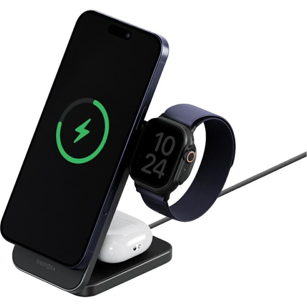 Energea Wireless charger MagTrio 2 3-in-1 Qi2 25W foldable gunmetal (25 W), Caricabatteria senza fili, Grigio