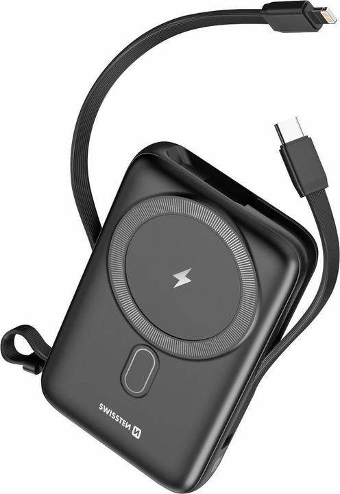 Immagine prodotto Swissten Power Bank 10000 Mah 20W (compatibile con Magsafe) con cavi integrati USB-C e Lightning (10000 mAh, 22.50 W, 38.50 Wh)
