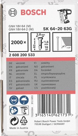 Produktbild Bosch Professional Zubehör Senkkopf-Stift SK64 20G, 63 mm verzinkt