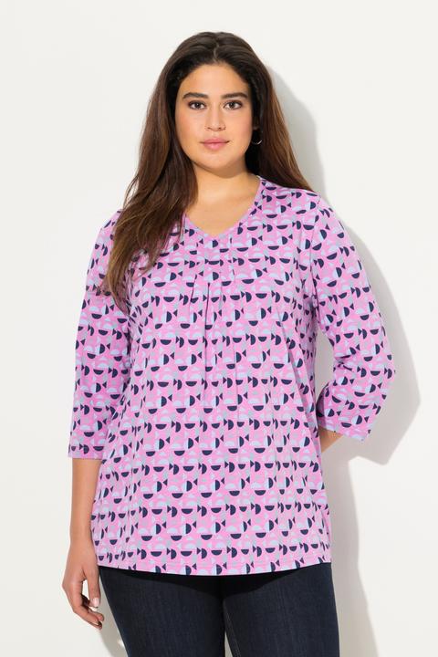 Image du produit Ulla Popken T-shirt avec plis fantaisie. Col en V et manches 3/4, coupe évasée. (46, 48)