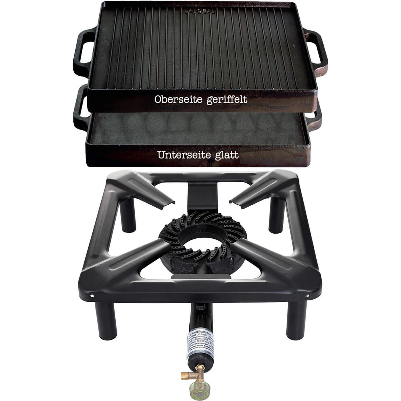 Thumbnail - All'Grill Hockerkocher-Set (klein) mit Gusseisengrillplatte 38 x 38 cm - ohne Zündsicherung, Pfanne + Kochtopf, Schwarz