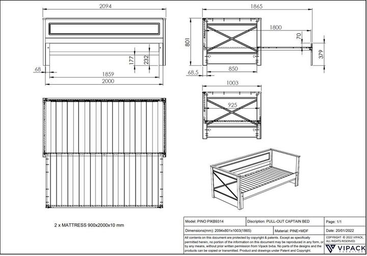 Nährwerte und Zutaten Vipack Kojenbett Scott mit Auszug inkl. Ausziehkasten (90 x 200 cm)