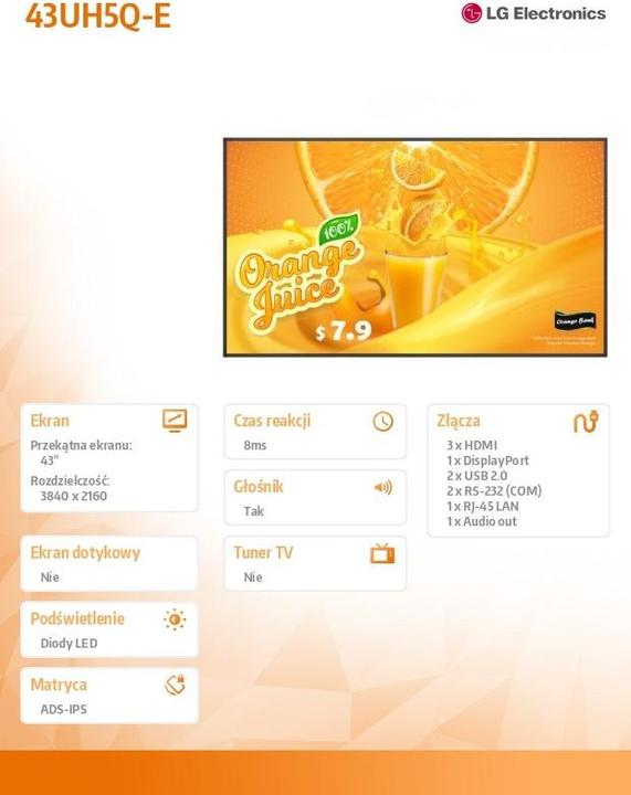 Image du produit LG 43UH5Q-E Signage Display 43inch ADS UHD 500cd/m2 24/7 webOS Speaker wifi (3840 x 2160 pixels, 43")