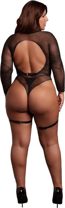 Actual product image Le Désir Shimmering Open-Back Bodysuit with PU Leather Garters - Plus Size - Black/Gold Glitter (4XL)