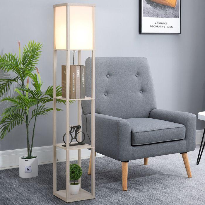 Actual product image Swisshandel24 Floor lamp Floor lamp with 3 shelves E27 up to 40W E1-MDF, acrylic oak+white 26 x 26 x 160 cm (E27)