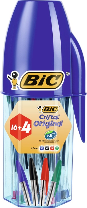 Immagine prodotto Bic Cristal Original, Penne a Sfera (Punta 1mm), Colori Assortiti, Barattolo 16+4 (Multicolore, 20 x)