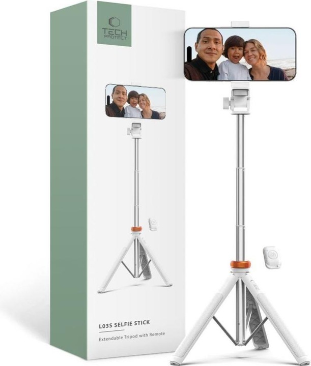 Actual product image Tech-Protect L03S Bluetooth selfie stick with remote control, tripod up to 148cm and 180 head - whit