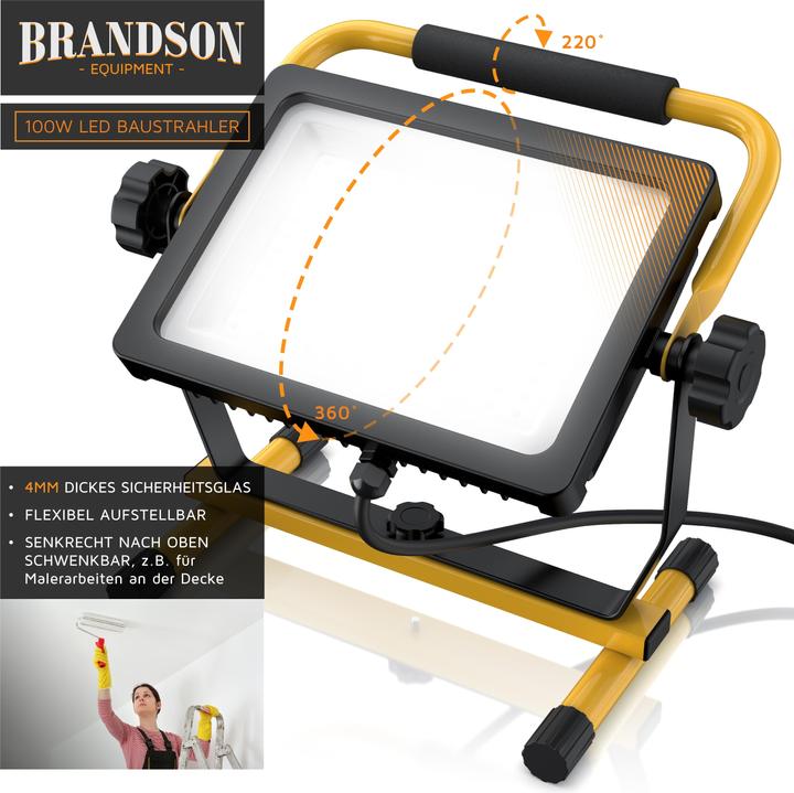 Produktbild Brandson Baustrahler, 100W LED Arbeitsleuchte, 144 SMD LEDs, Bauscheinwerfer, Bauscheinwerfer, 4m Kabel, IP65 (10000 lm)