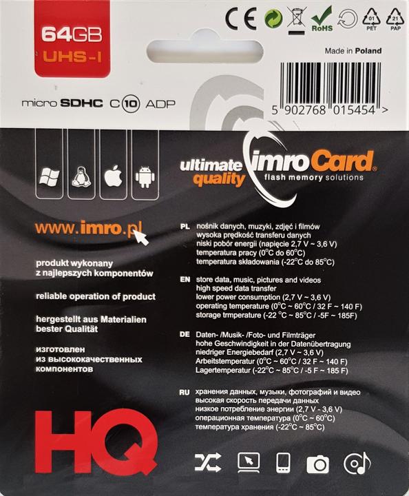 Produktbild IMRO 10/64G UHS-I ADP - 64 GB - MicroSDHC - Klasse 10 - UHS-I - 82 MB/s - 21 MB/s (64 GB, microSDHC, U1, UHS-I)