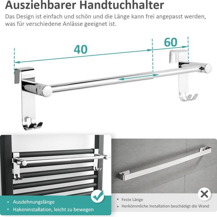 Actual product image Emke Extendable Towel Rail with Hooks, Stainless Steel, No Drilling Required, 44-63cm, Chrome