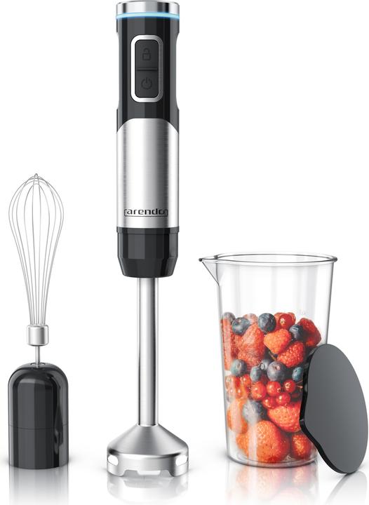 Arendo Stabmixer Edelstahl, stufenlose Regelung, Akku, 200 W, mit Schneebesen, Messbecher, 4-Klingen-Messer