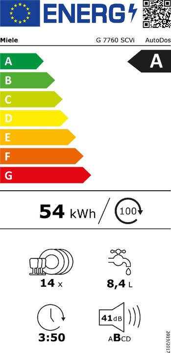 Label énergétique Miele G 7760 SCVi sw Lave-vaisselle encastrableA 60cm entièrement int. 38dB 8.4L tiroir. AutoD.