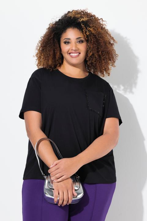 Produktbild Ulla Popken T-Shirt, Brusttasche, Perlen, Oversized, Rundhals, Halbarm (58)