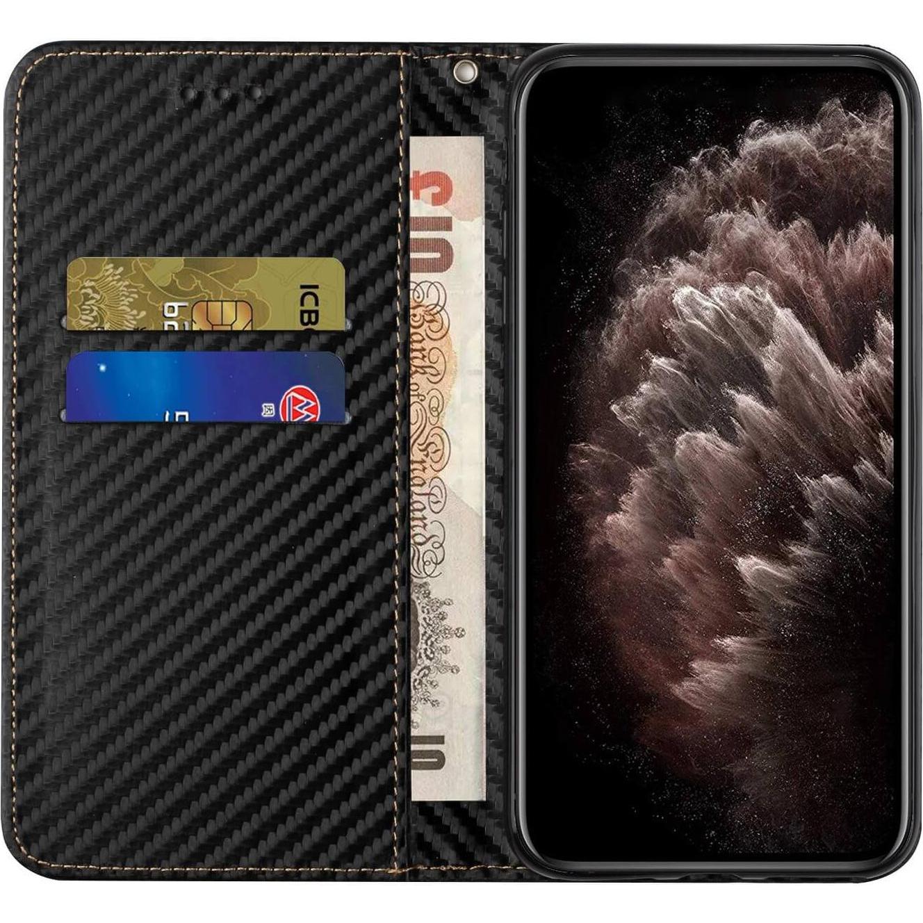 Thumbnail - Cover-Discount iPhone 14 Pro - Carbon Look Flip Case Hülle schwarz (Apple iPhone 14 Pro), Smartphone Hülle, Schwarz