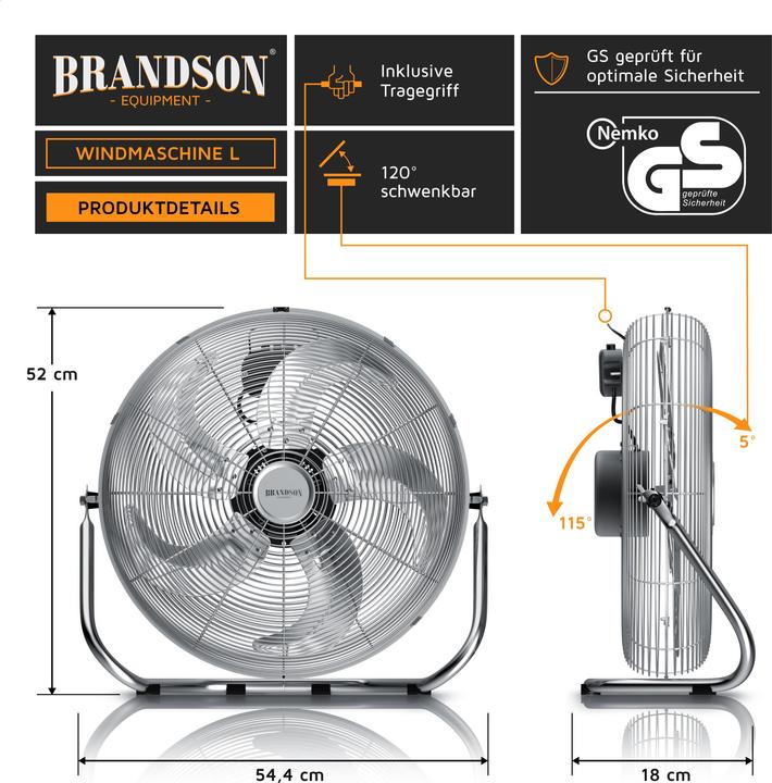 Actual product image Brandson Windmaschine Chrom Bodenventilator im Retro Stil, hoher Luftdurchsatz, 120W, Silber, 50cm Ø, neigbar (65 dB)