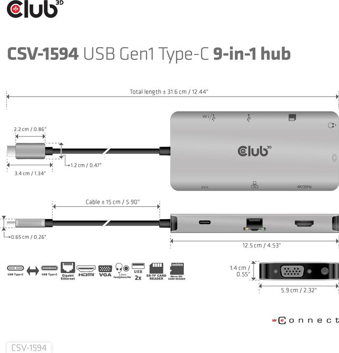 Immagine prodotto Club 3D Club3D USB 9-in-1 Hub USB-C > HDMI/VGA/2xUSB/USB-C//SD (USB-C, 9 porte)