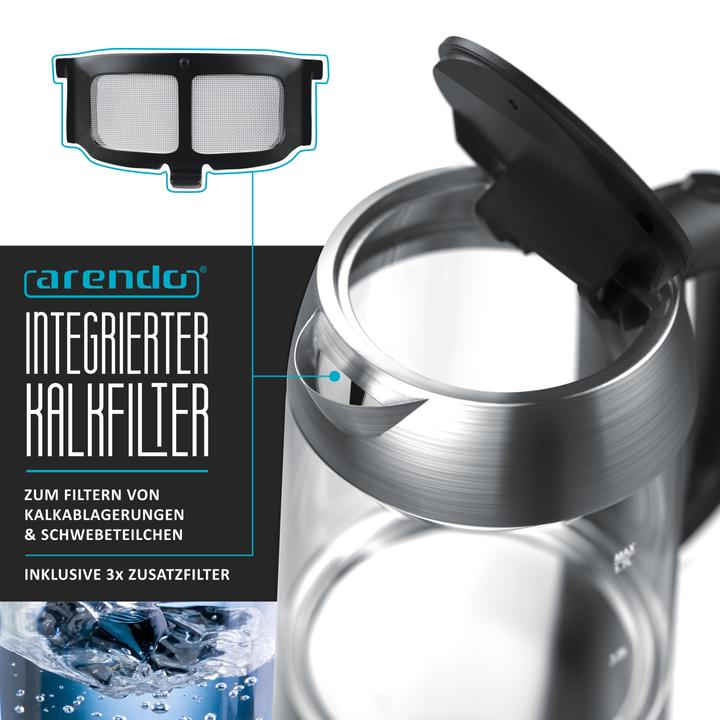 Produktbild Arendo Frühstücks Set, Glas Wasserkocher 1,7l, 2-Scheiben Langschlitz Toaster mit Brötchenaufsatz, Silber (1.70 l)
