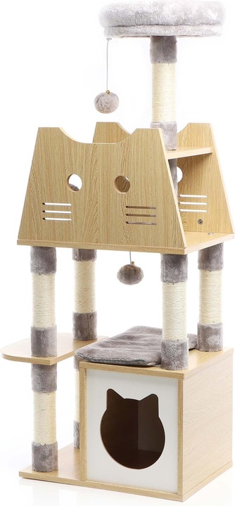 Produktbild Fudajo Kratzbaum (126 cm, helles Holz und grauer Plüsch)