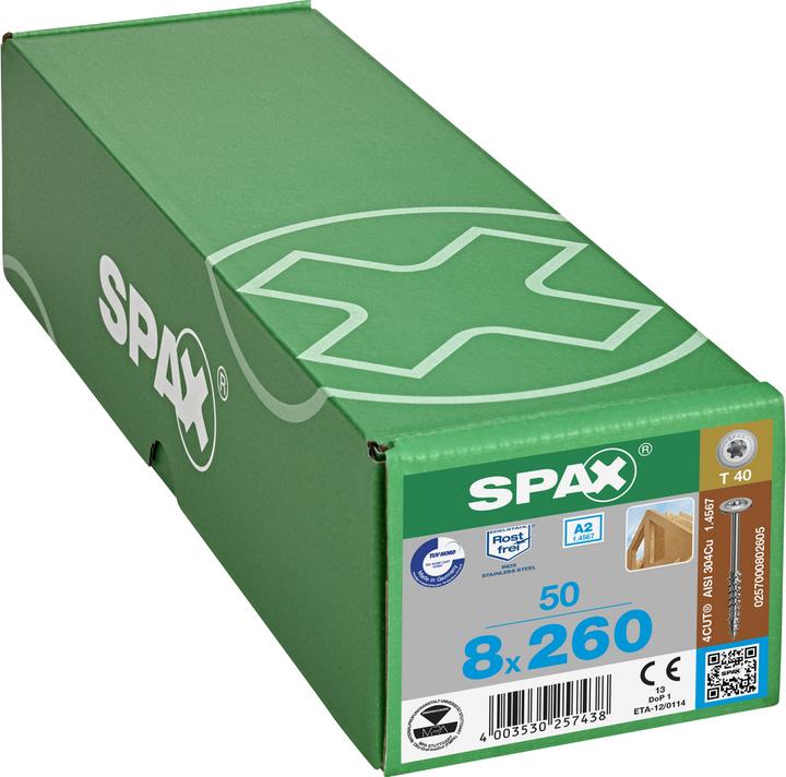 Produktbild Spax A2 Tellerkopf T-Star Plus T40 Teilgewinde 4cut (50 Schrauben pro Stück, 8 x 260 mm)