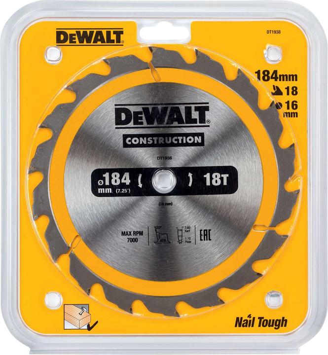 Actual product image DeWalt Tungsten carbide circular saw blade, Ø 184mm