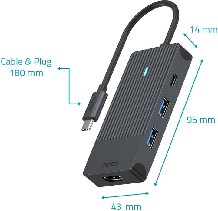 Produktbild Rapoo USB-C Multiport Adapter, 4-in-1, grau (USB-C, 4 Ports)