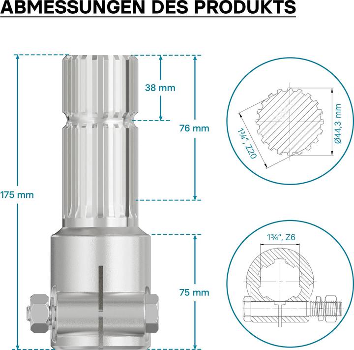 Image du produit Wiltec Manchon Prise de force Cardan 175mm Logement pour arbre cannelé 1 3/4" 6D Sortie 1 3/4" 20 (Accessoires pour tracteurs)