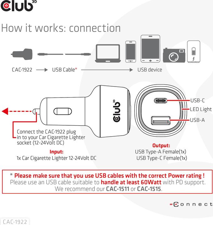 Produktbild Club 3D Club3D USB KFZ-Ladegerät 1xUSB C, 1xUSB A, 63W, 12/24V retail