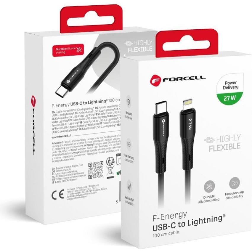 Forcell Cable F-ENERGY C346 cable Type C to Lightning PD 3A 27W Silicone 1 m black (1 m, USB 2.0, 27 W), Cavo USB