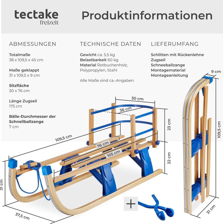 Image du produit tectake Holzschlitten Vivian, klappbar mit Rückenlehne und Zugseil