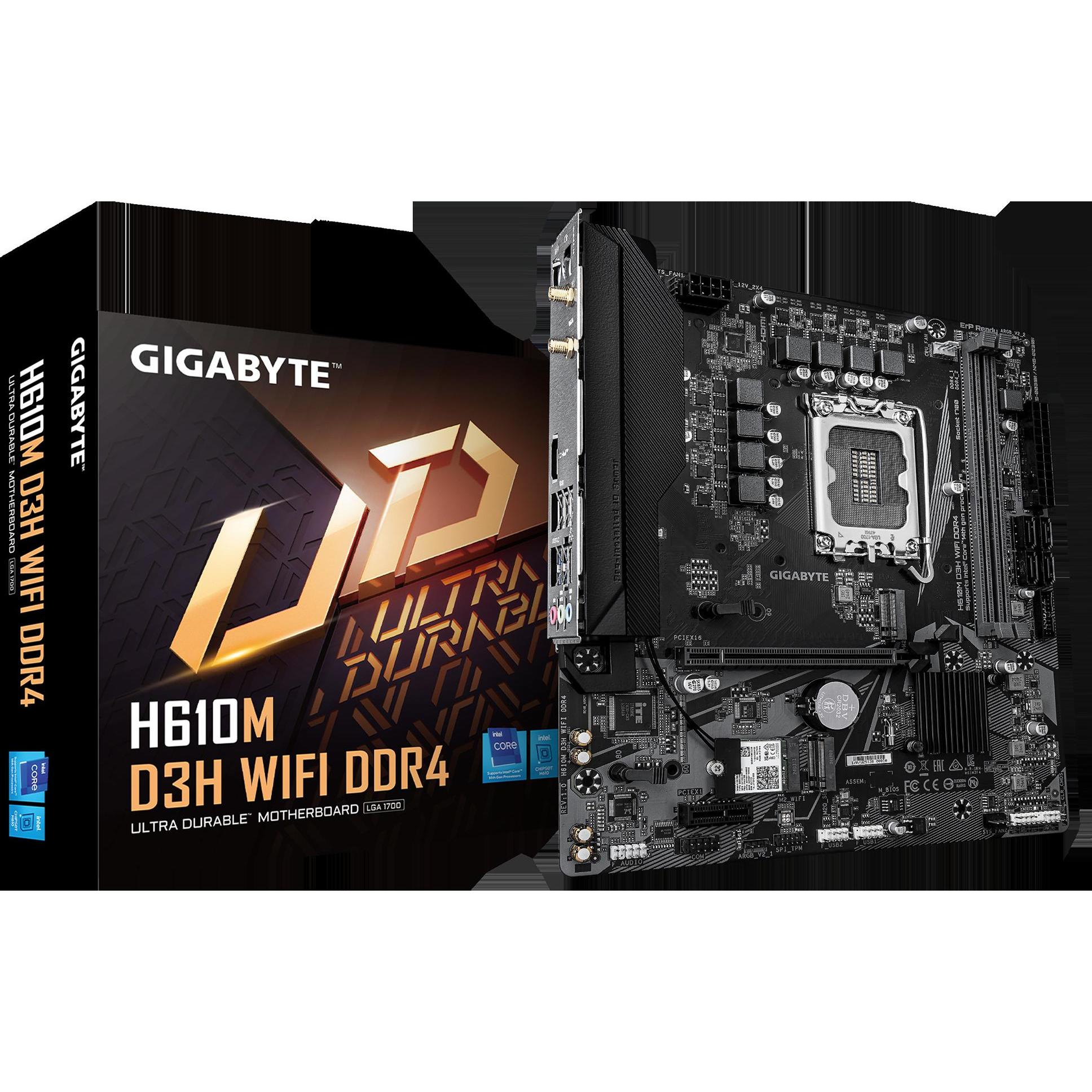 Gigabyte Motherboard für Intel Prozessoren H610M D3H WIFI DDR4 (LGA 1700, Intel H610, mATX), Mainboa