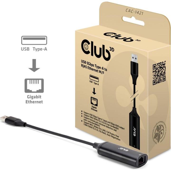Produktbild Club 3D USB-A to RJ45 5Gbps Ethernet adapter (RJ45, USB 3.0, RJ45 (1x))