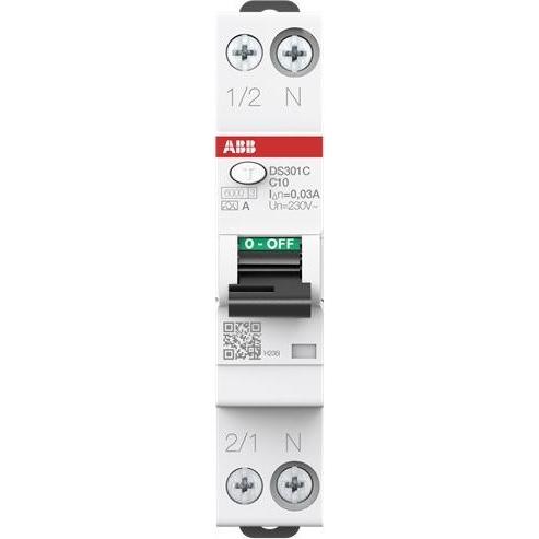 ABB | DS301C C10 A30#R1104 | FI/LS-schakelaar 6kA, 1P N - Aardlekschakelaar C10/0,03A DS301C C10 A30#R1104 | 2CSR255163R1104 | Aardlekautomaat