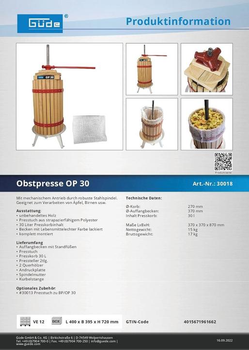 Produktbild Güde Solingen Obstpresse