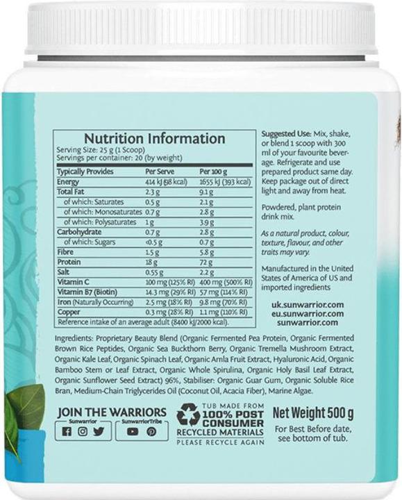 Valori nutrizionali e ingredienti Sunwarrior Peptidi proteici per la costruzione del collagene naturali (1 Pezzo/i, Polvere, 500 g)